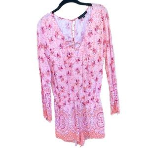 Sanctuary floral pattern long sleeve romper with front tie and side pockets